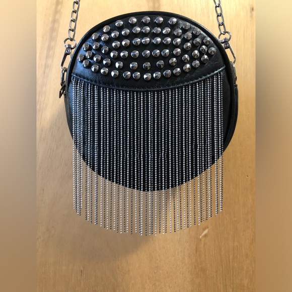 Fun Studded Fringed Round Crossbody Little Black Purse NEW - Picture 6 of 12